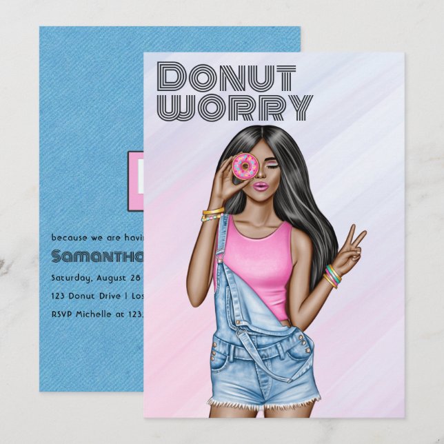Retro Pink and Blue Doughnut Girl Birthday Party Invitation (Front/Back)