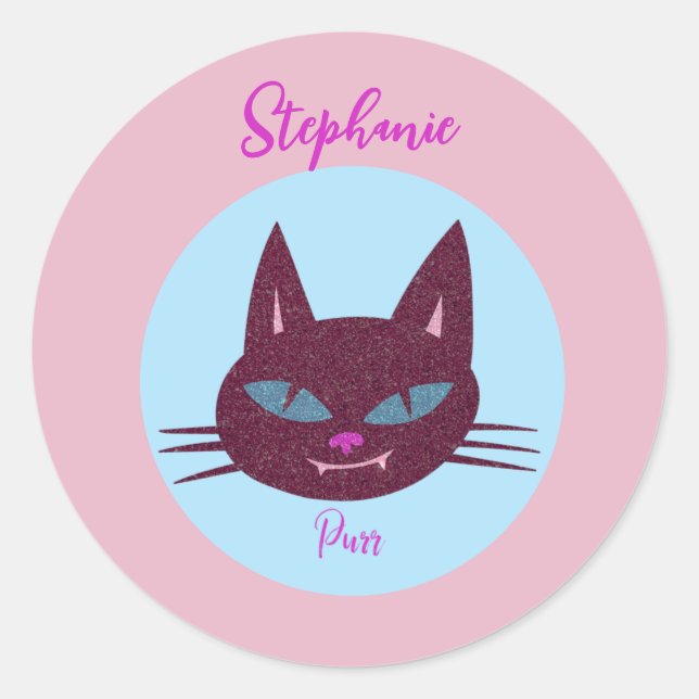 Retro Pink and Blue Purring Kitty Classic Round Sticker (Front)