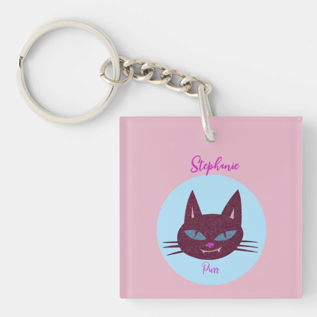 Retro Pink and Blue Purring Kitty Keychain (Front)