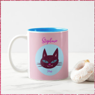 Retro Pink and Blue Purring Kitty Two-Tone Coffee Mug