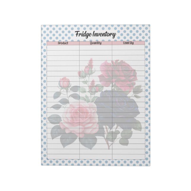 Retro Pink and Blue Roses Fridge Inventory List Notepad (Rotated)