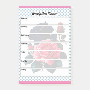 Retro Pink and Blue Roses Weekly Meal Planner Post-it Notes