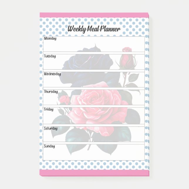 Retro Pink and Blue Roses Weekly Meal Planner Post-it Notes (Front)
