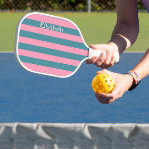 Retro Pink and Blue Stripes Pattern Name Pickleball Paddle