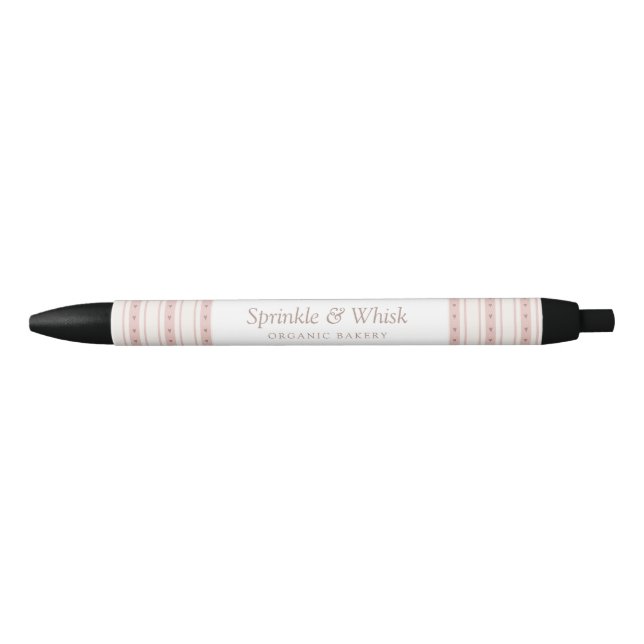 Retro Pink And Brown Heart Stripes Bakery Black Ink Pen (Front)