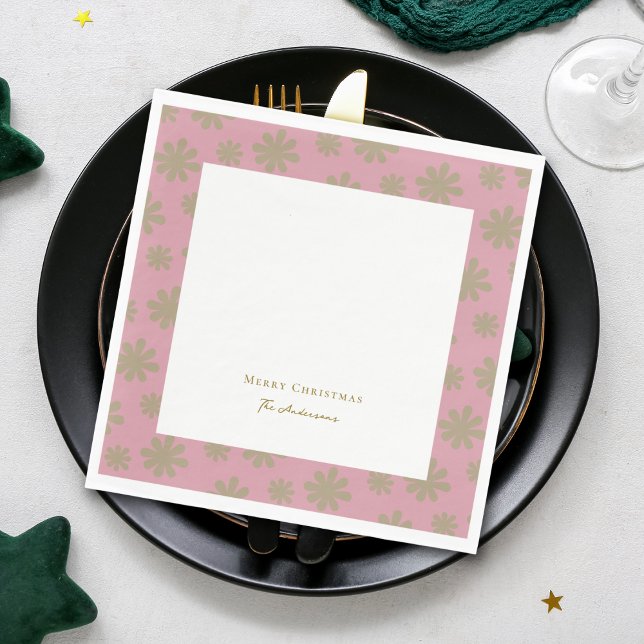 Retro Pink and Gold Floral Merry Christmas Party Napkin (Creator Uploaded)