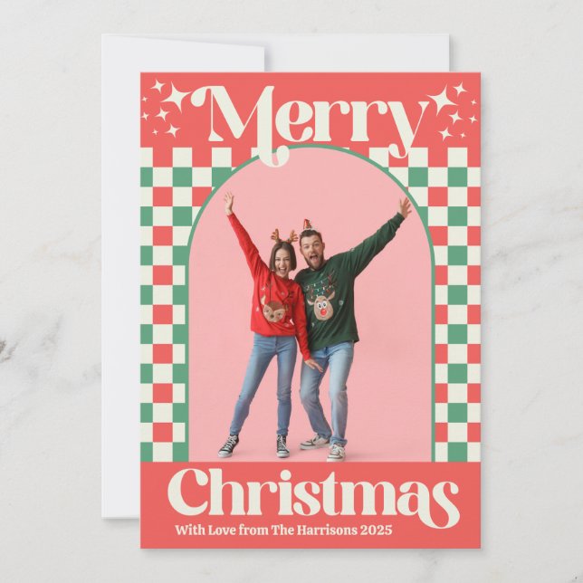 Retro Pink and Green Christmas Check Flat Card (Front)