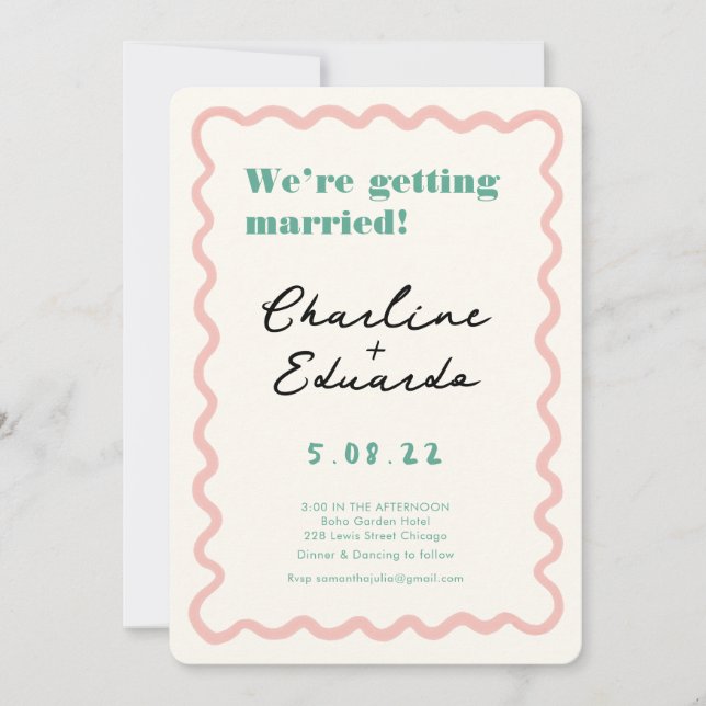 Retro Pink and Green Handwriting Wedding Invitation (Front)
