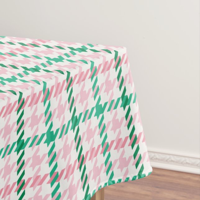 Retro pink and green houndstooth plaid pattern tablecloth (In Situ)