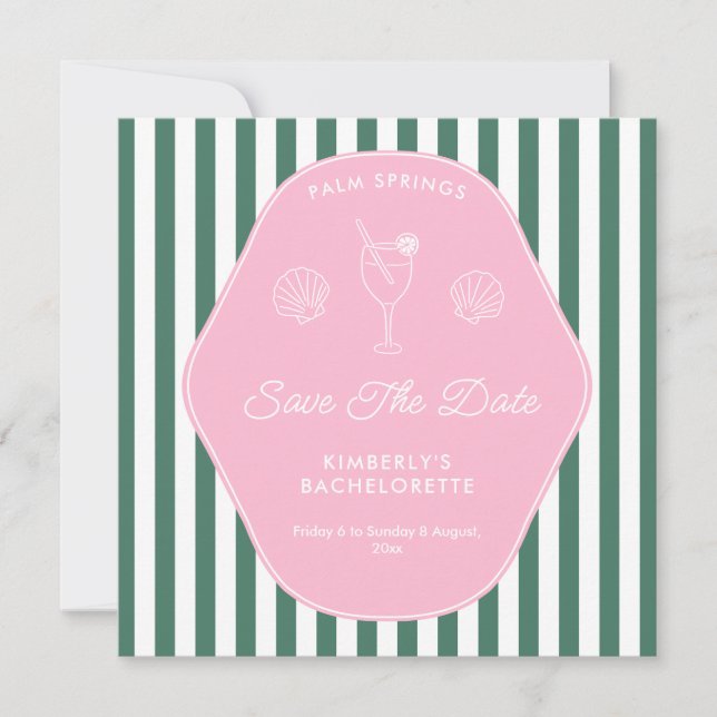 Retro Pink and Green Stripes Beverly Hills Save The Date (Front)