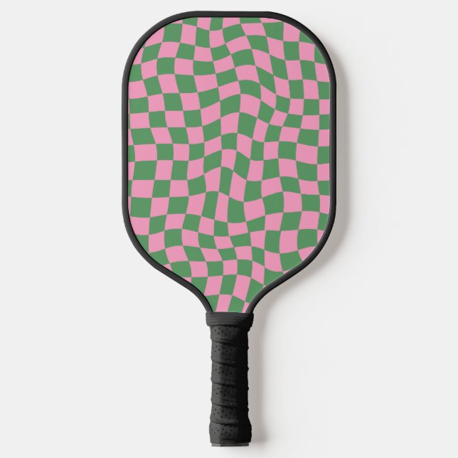 Retro Pink and Green Wavy Check Monogram Option Pickleball Paddle (Front)