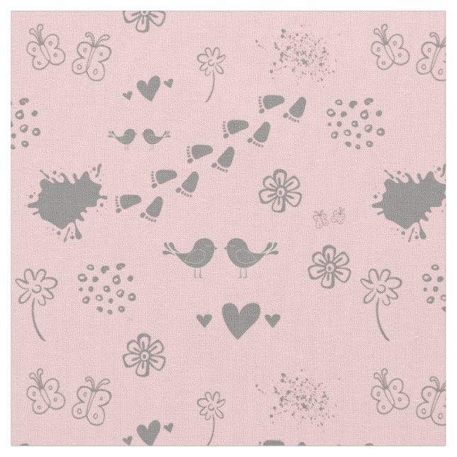 Retro pink and grey pattern of birds, dots, fo fabric (Close Up)