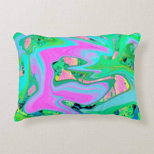 Retro Pink and Light Blue Liquid Art on Hydrangea Accent Pillow (Front)