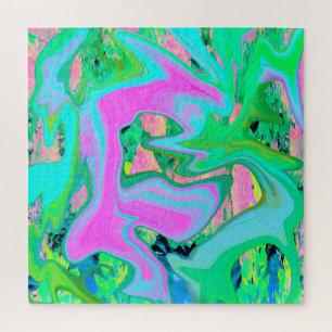 Retro Pink and Light Blue Liquid Art on Hydrangea Jigsaw Puzzle