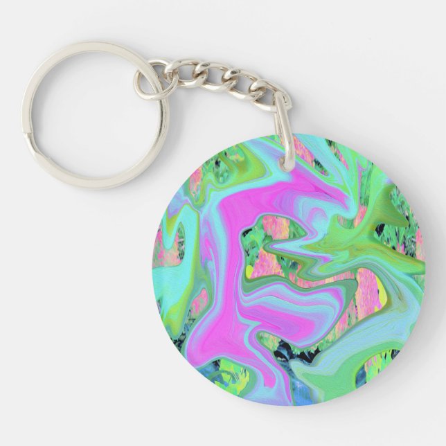 Retro Pink and Light Blue Liquid Art on Hydrangea Keychain (Front)