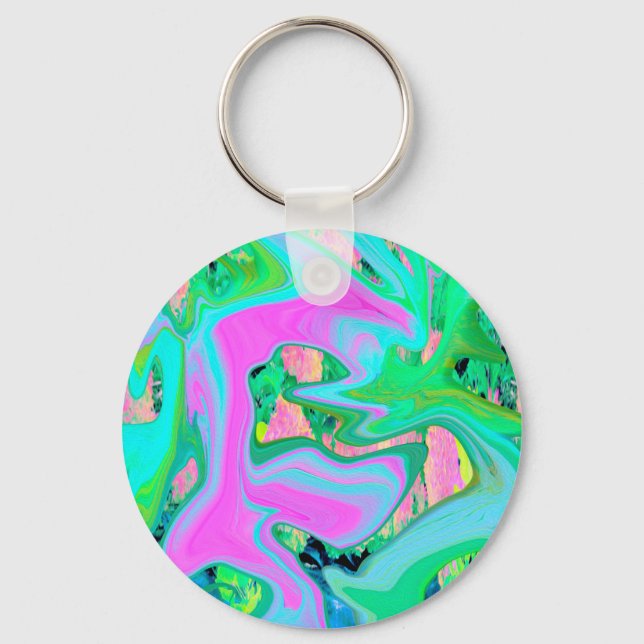 Retro Pink and Light Blue Liquid Art on Hydrangea Keychain (Front)