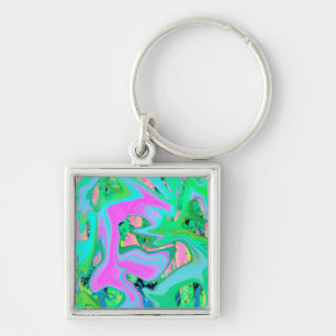 Retro Pink and Light Blue Liquid Art on Hydrangea Keychain