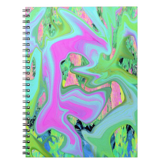 Retro Pink and Light Blue Liquid Art on Hydrangea Notebook (Front)