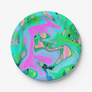 Retro Pink and Light Blue Liquid Art on Hydrangea Paper Plate