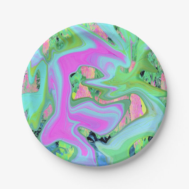 Retro Pink and Light Blue Liquid Art on Hydrangea Paper Plate (Front)