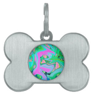 Retro Pink and Light Blue Liquid Art on Hydrangea Pet ID Tag