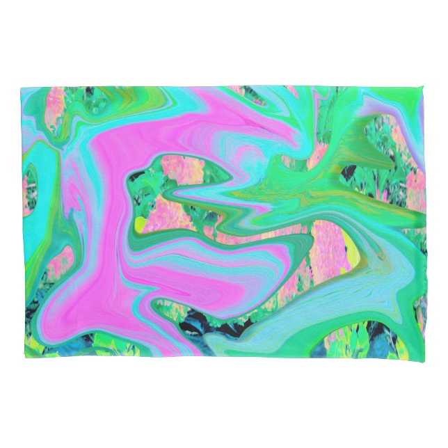 Retro Pink and Light Blue Liquid Art on Hydrangea Pillowcase (Front)