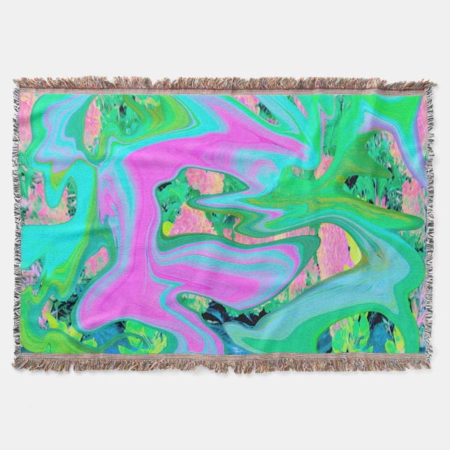 Retro Pink and Light Blue Liquid Art on Hydrangea Throw Blanket (Front)