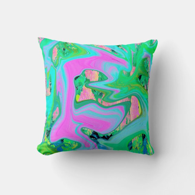 Retro Pink and Light Blue Liquid Art on Hydrangea Throw Pillow (Front)
