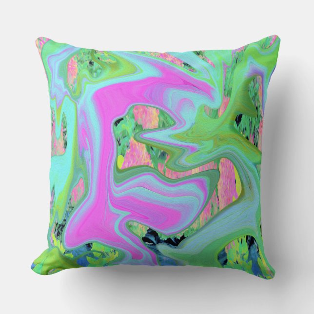 Retro Pink and Light Blue Liquid Art on Hydrangea Throw Pillow (Front)