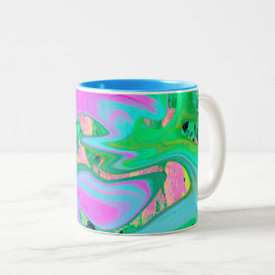 Retro Pink and Light Blue Liquid Art on Hydrangea Two-Tone Coffee Mug