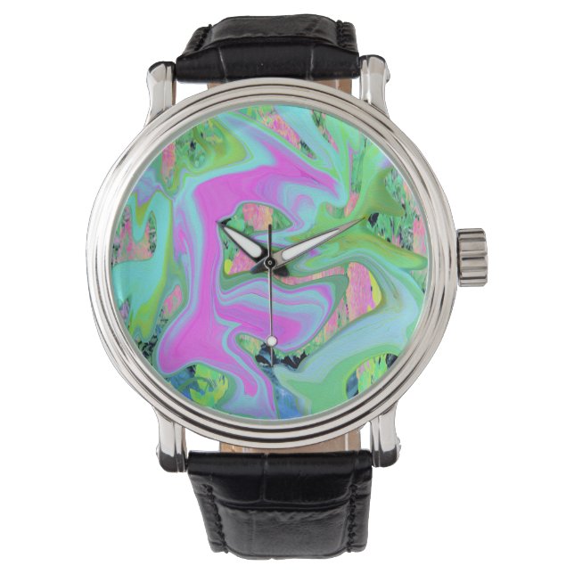 Retro Pink and Light Blue Liquid Art on Hydrangea Watch (Front)