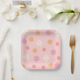 Retro Pink and Orange Daisy  Paper Plate
