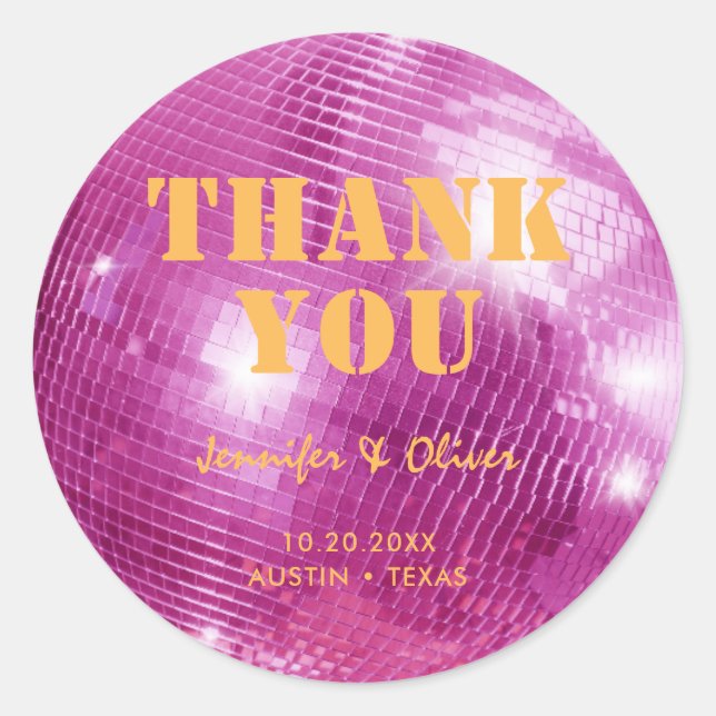 Retro Pink and Orange Disco Ball Wedding Thank You Classic Round Sticker (Front)