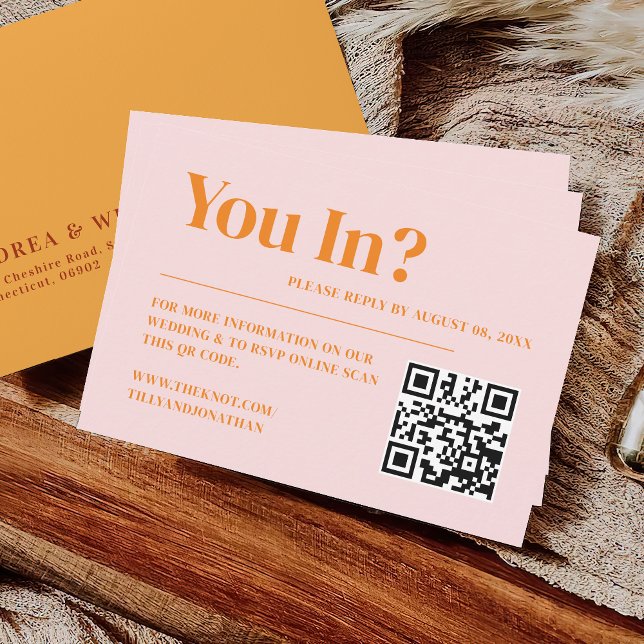 Retro Pink and Orange Wedding RSVP QR Code  Enclosure Card (Creator Uploaded)