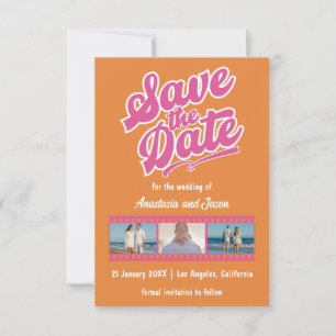 Retro Pink and Orange Wedding Save the Date Card