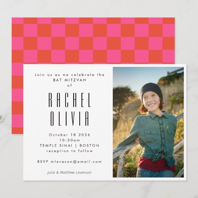 Retro Pink and Red Chequerboard Photo Bat Mitzvah Invitation (Front/Back)
