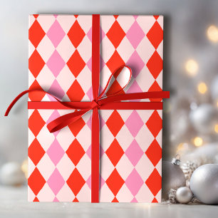 Retro Pink and Red Hand Drawn Diamond Pattern Wrapping Paper