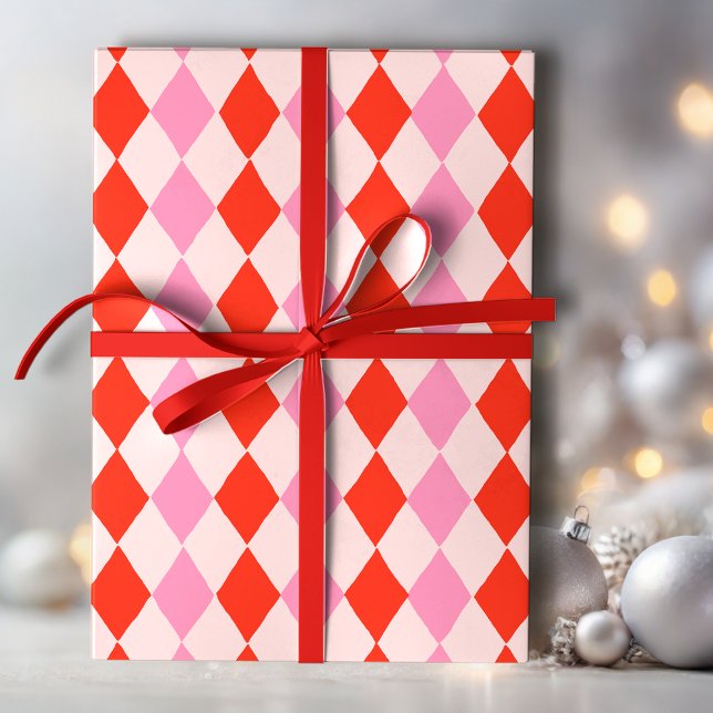 Retro Pink and Red Hand Drawn Diamond Pattern  Wrapping Paper (Creator Uploaded)