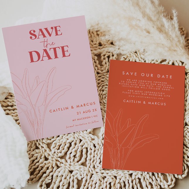 Retro Pink and Red Palm Wedding Save The Date Card (Creator Uploaded)