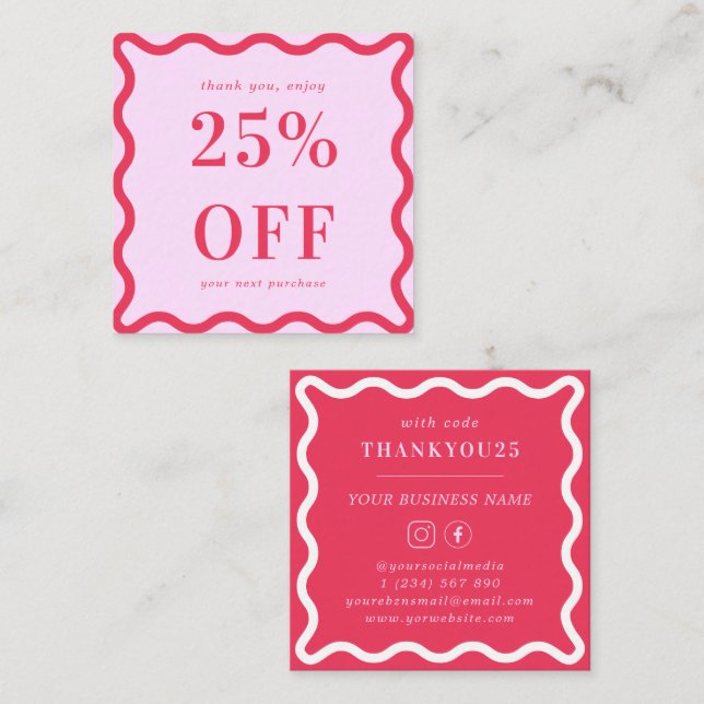 Retro Pink and Red Wavy Border Small Business 25%  Discount Card (Front/Back)