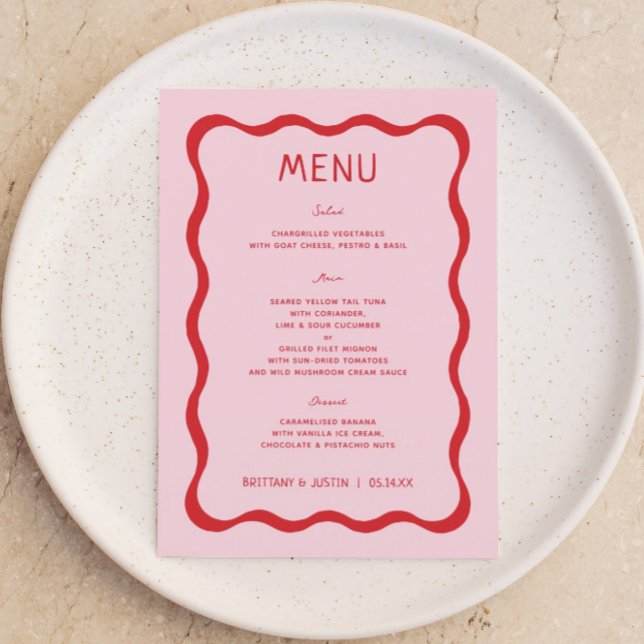 Retro Pink and Red Wavy Bridal Shower Menu Cards (Creator Uploaded)