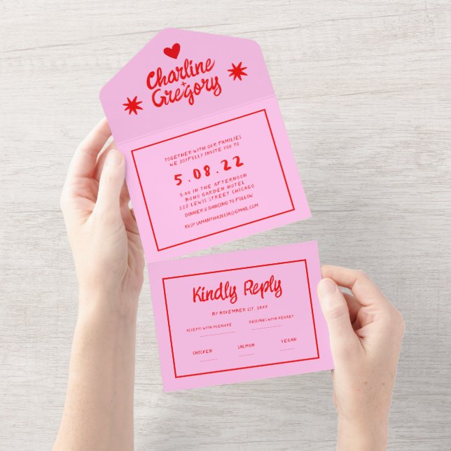 Retro Pink and Red Wavy  Handwriting Wedding All In One Invitation (Tearaway)
