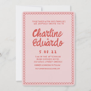 Retro Pink and Red Wavy  Handwriting Wedding  Invitation