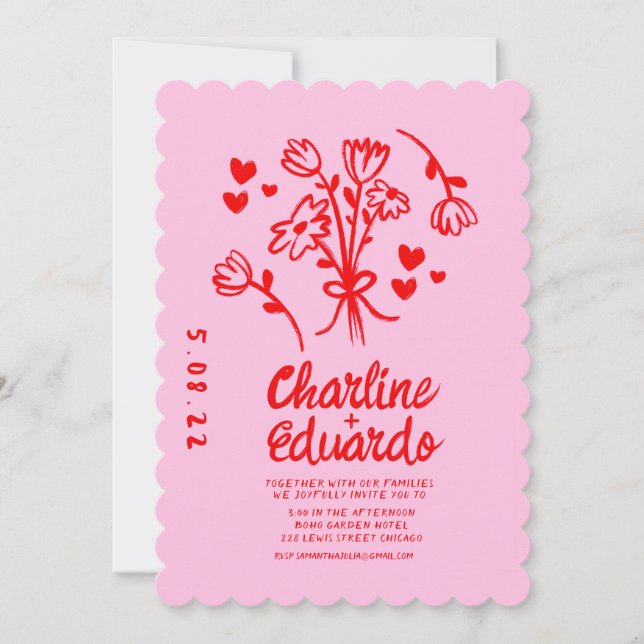 Retro Pink and Red Wavy  Handwriting Wedding Invitation (Front)