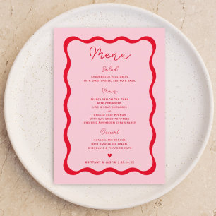Retro Pink and Red Wavy Wedding Party Menu Cards