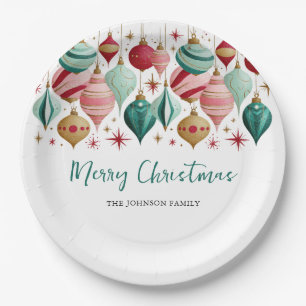 Retro Pink and Teal Ornaments Christmas Party Paper Plate