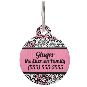 Retro Pink and White Fern for Pets Pet Tag
