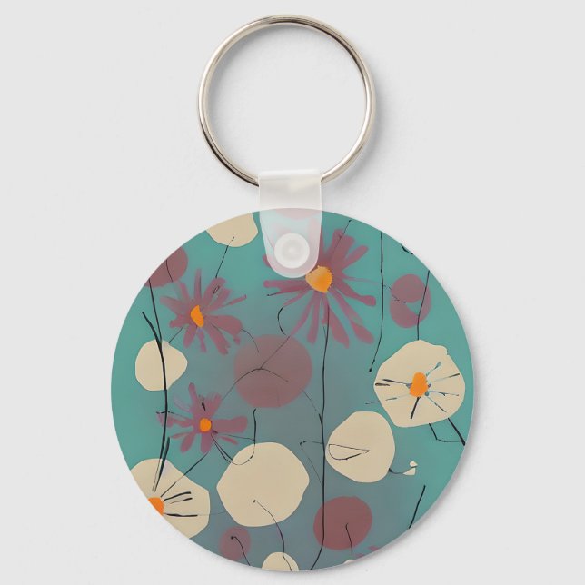 Retro pink and white flowers  keychain (Front)