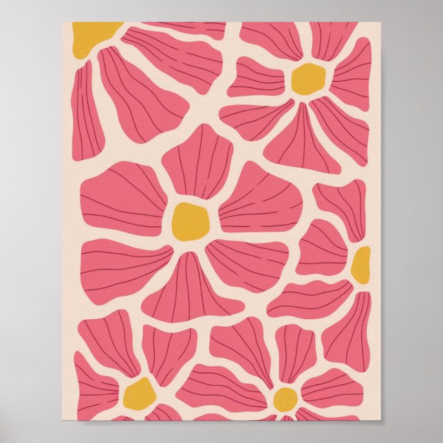 Retro Pink and Yellow Floral Pattern Poster (Front)