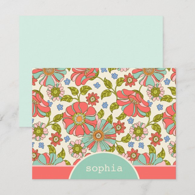 Retro Pink & Aqua Floral Custom Flat Note Card (Front/Back)
